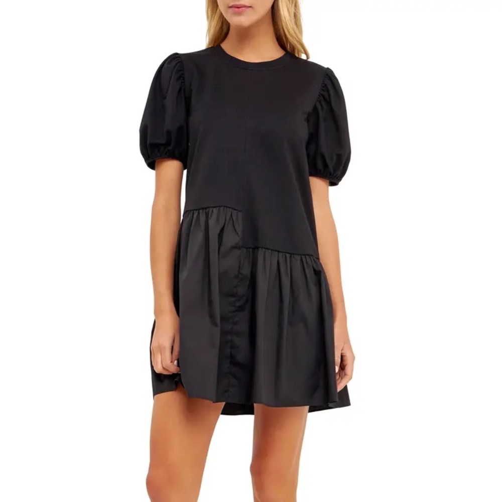 English Factory Black Puff Shoulder Mixed Media Minidress